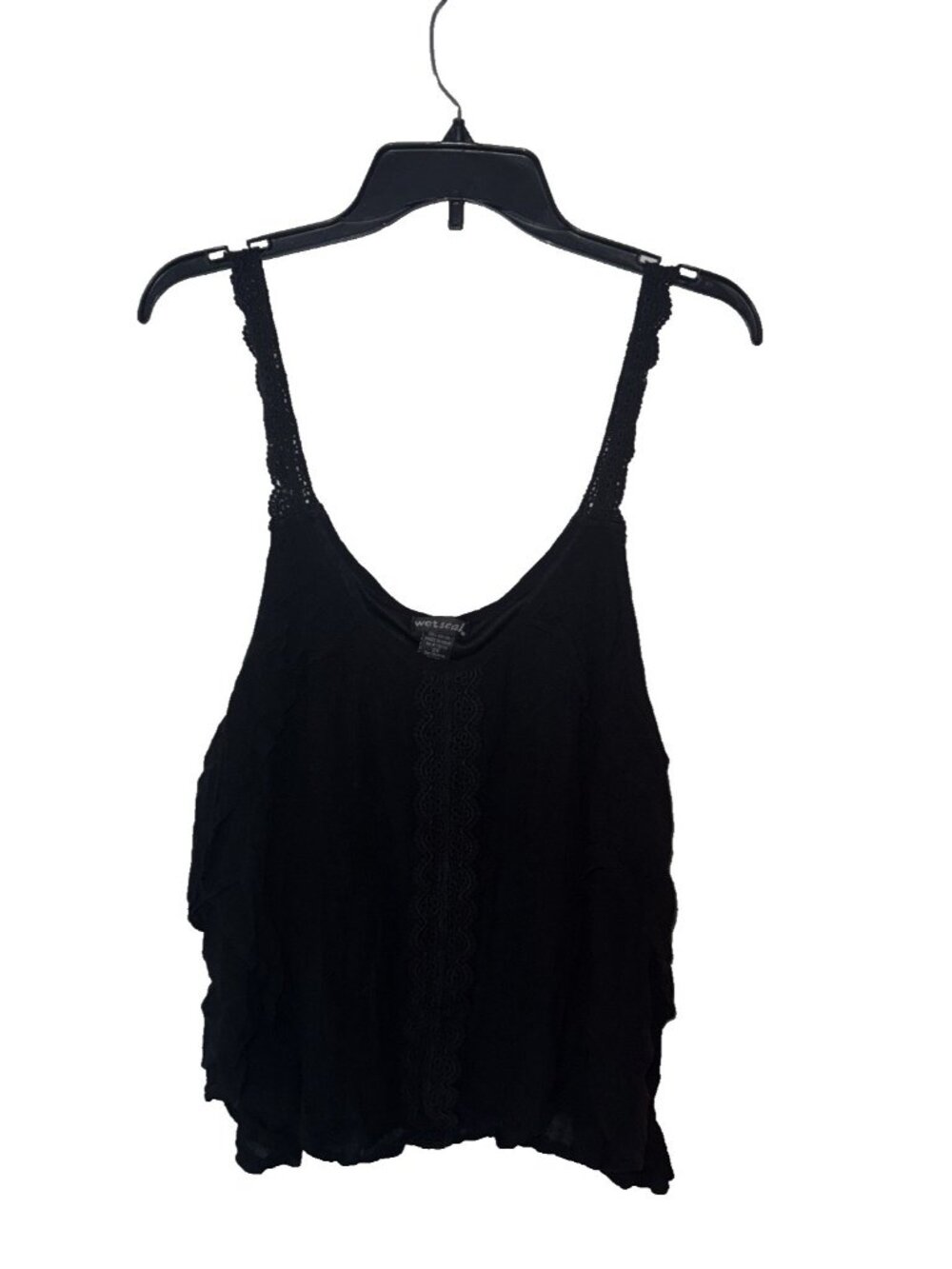 Wet Seal Cropped Tank Top Plus Sz 2X Black Gauze Boho Crochet Straps Tiered